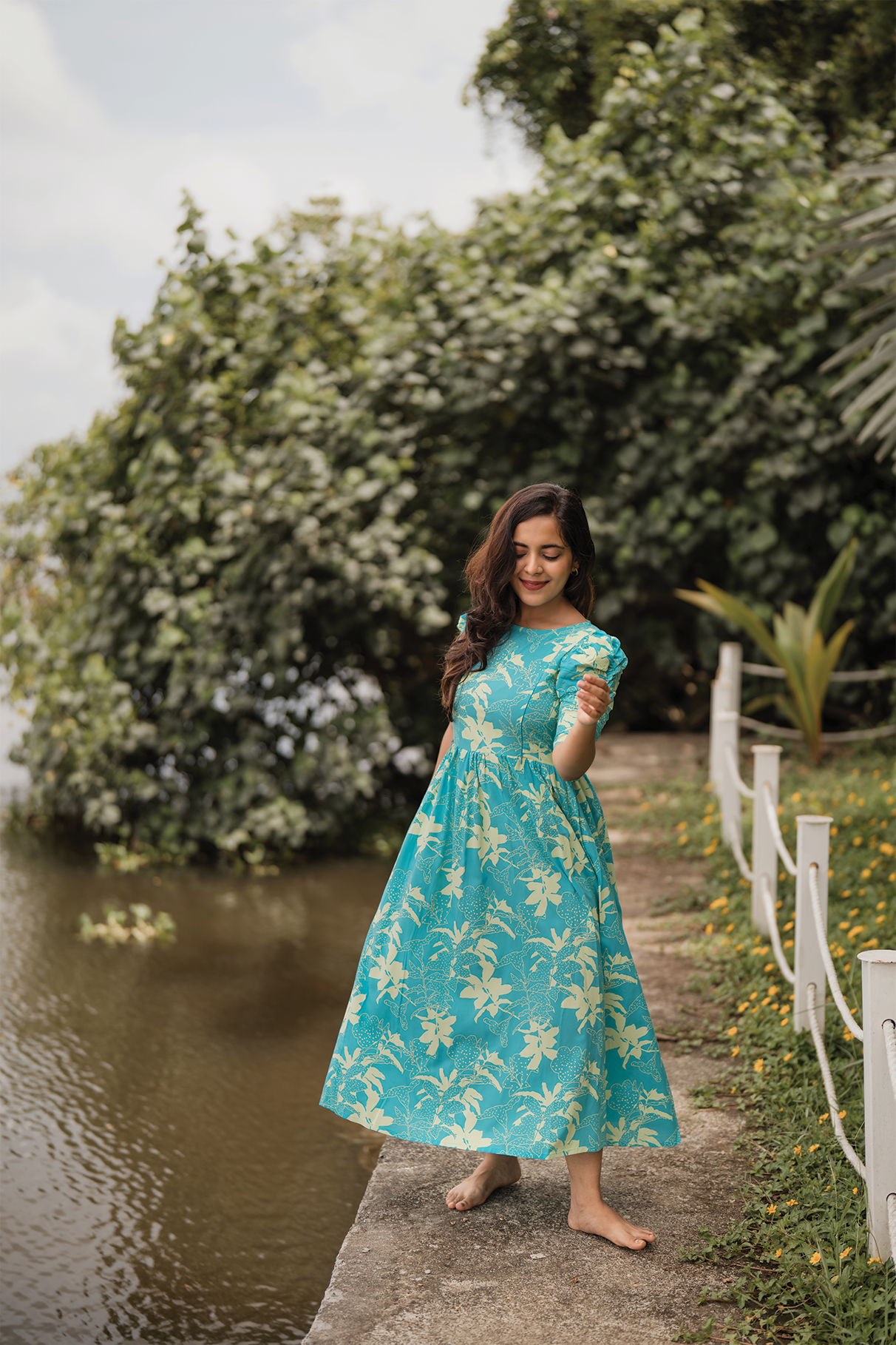 Maze Blue with Flourish Bloom floral printed Maternity and Feeding Viscose Dress