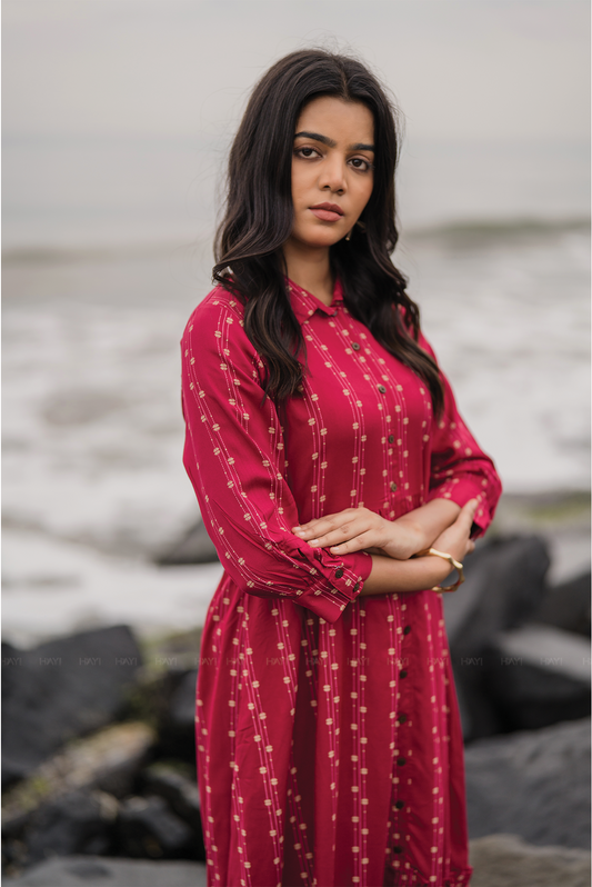 Dark Pink with Nomadic Whispers printed Viscose Dress