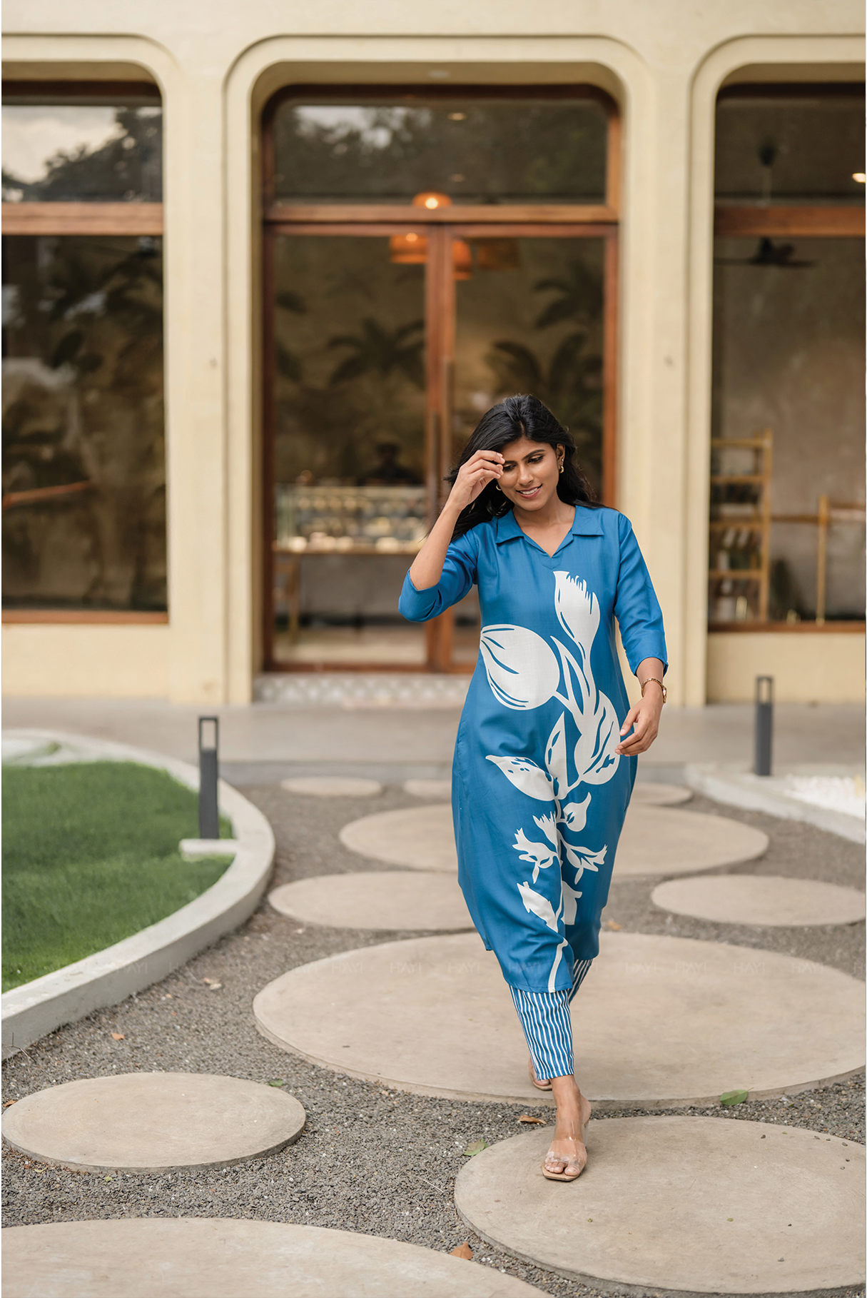 Moonbloom Stride Blue Linen Blend A-Line Co-ord with Shirt Collar & Placement Print