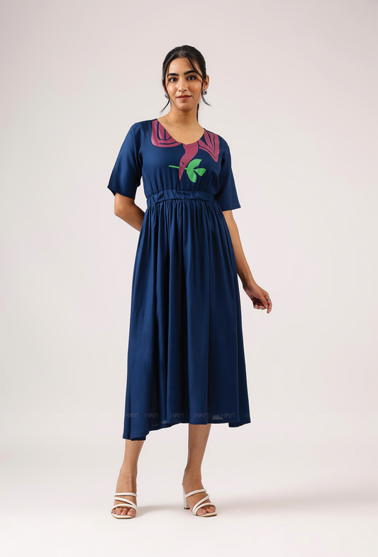 Dark Navy with Breeze 'o' Feathers printed Viscose Dress