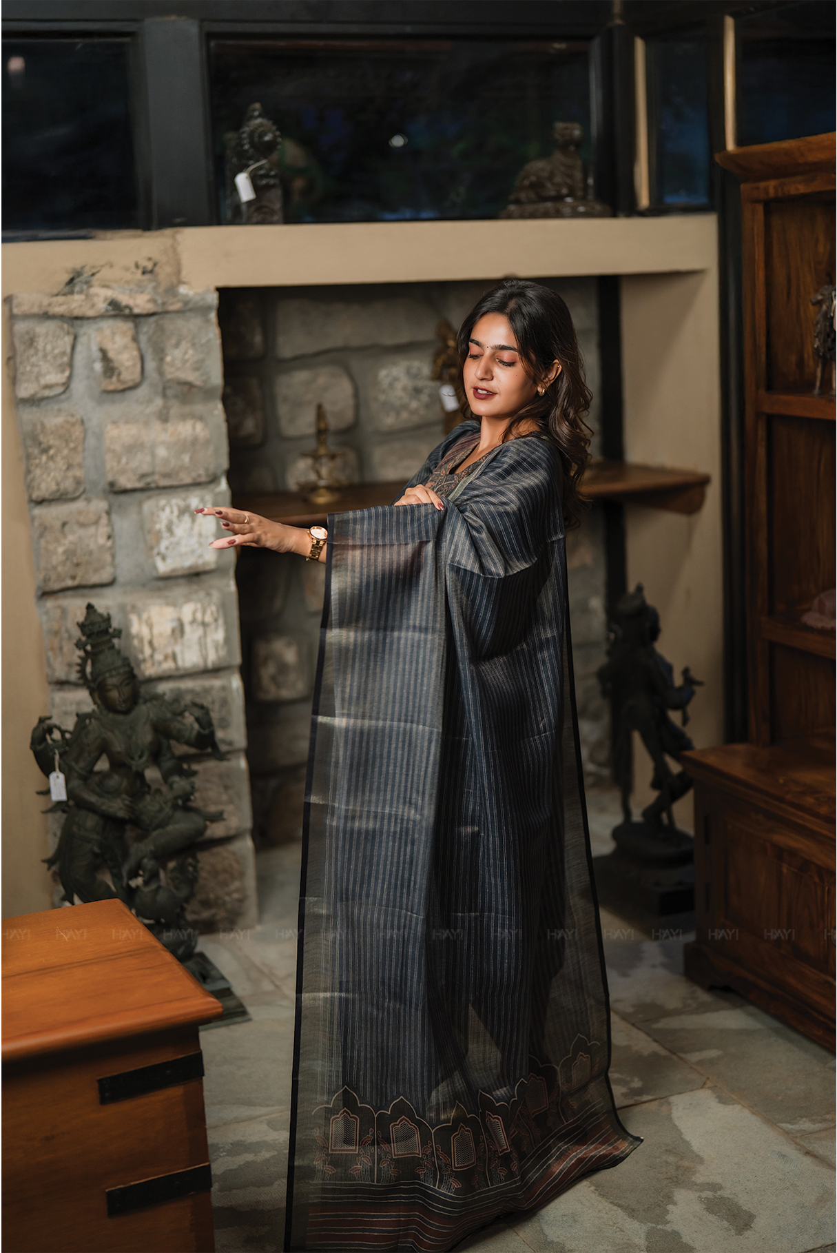 Elysia Navy printed 2 Piece Linen Shimmer Kurta with Dupatta