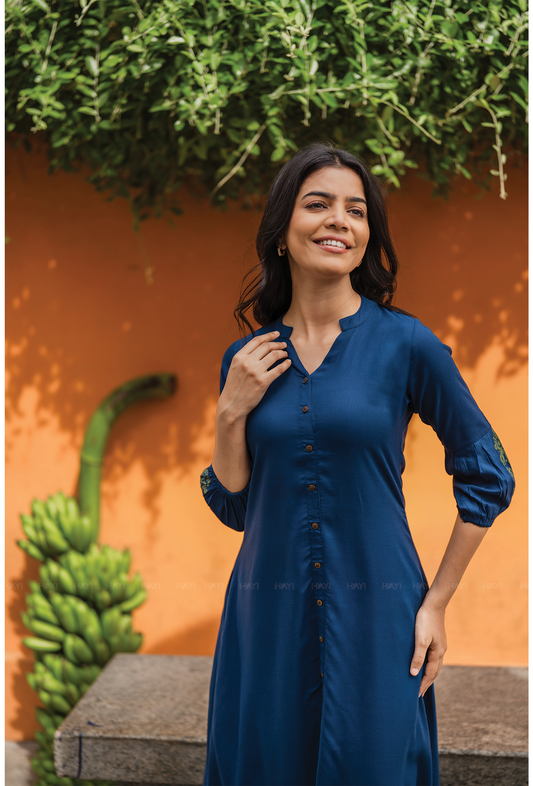 Indigo Heron with green printed Viscose Dress