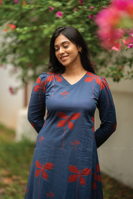 Dusky Wings Blue cotton blend Co-ord with V-Neck & 3/4 Puff Sleeves