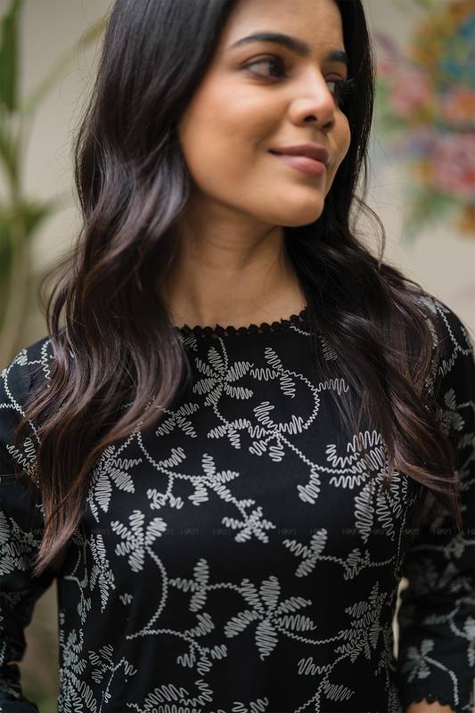 Pristine Black with Noir Blossom printed Viscose Dress