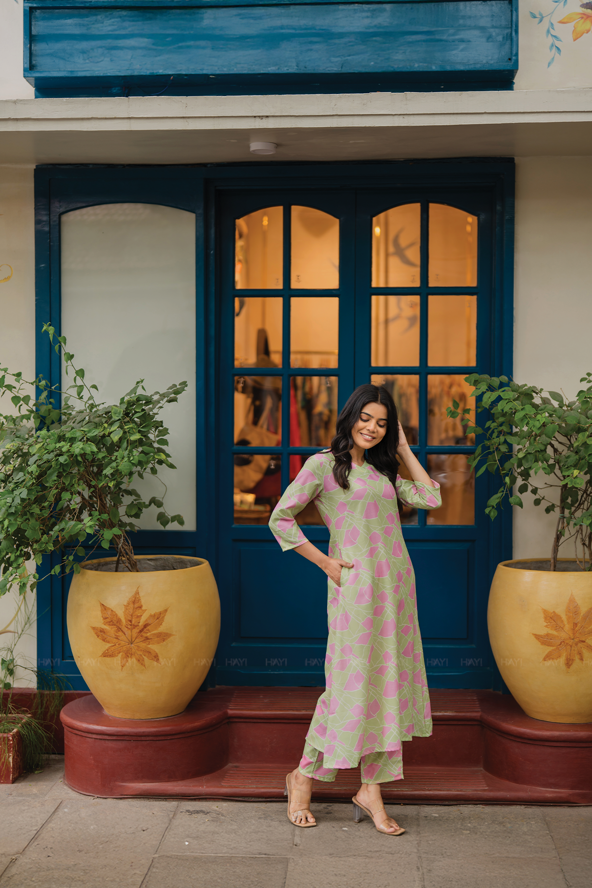 Rinth Green with Whimsical Bloom printed Linen Blend Co-ords