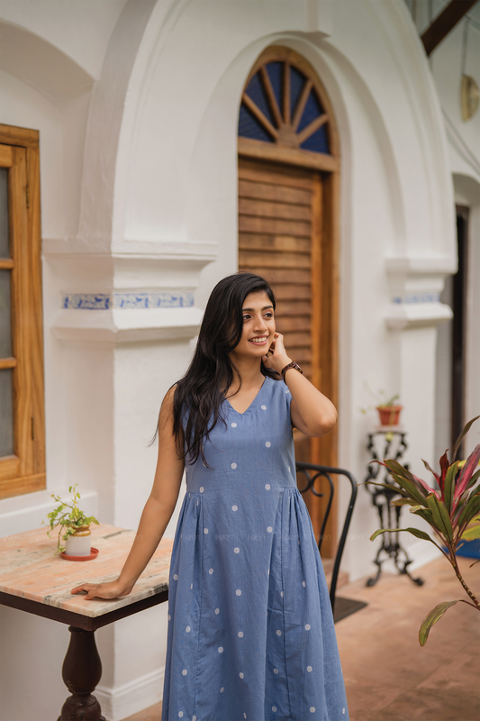 Ocean Polka Blue Handloom Cotton Dress With V Neckline Detached 3/4th Sleeves