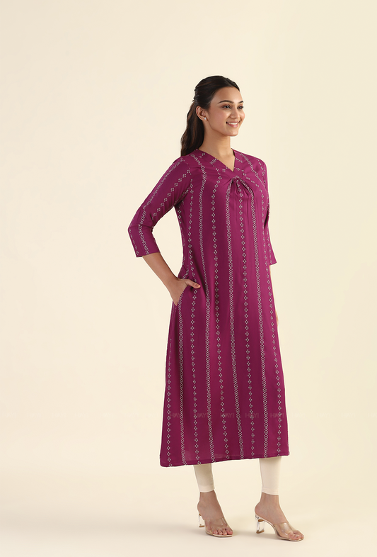 Plum Linear Striped Viscose Printed Dress