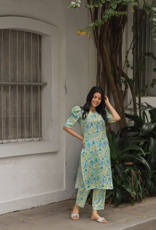 Cadence Green with Metropolitan Rhythm floral Printed Linen Blend Co-ords