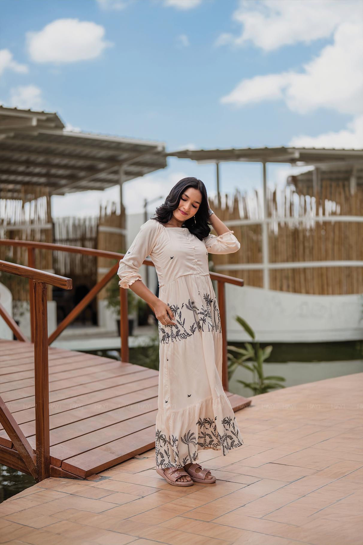 Lush Layers Beige Viscose Dress with Tropical Palm Print