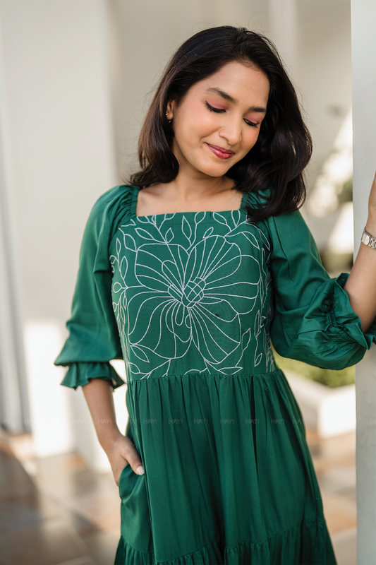 Green Floral Whimsy Green Viscose Dress with Shoulder Elastic & Embroidery