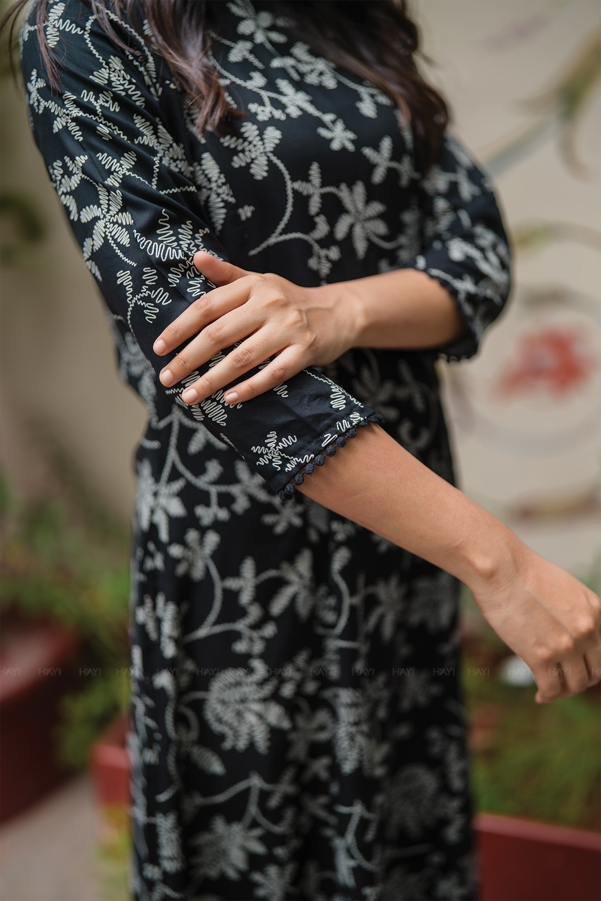Pristine Black with Noir Blossom printed Viscose Dress