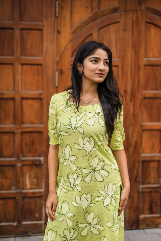 Green Blossom Chic with floral printed Viscose Kurta