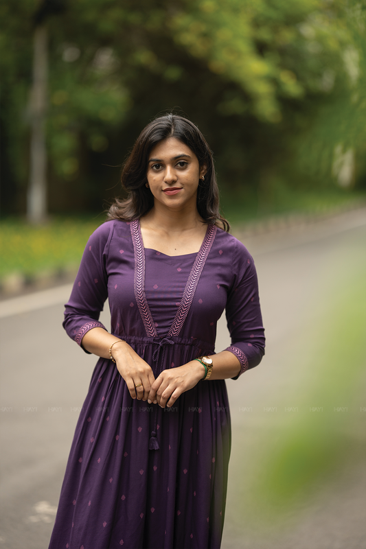 Violet Haze Viscose Dress with Sweetheart Neck & Embroidery