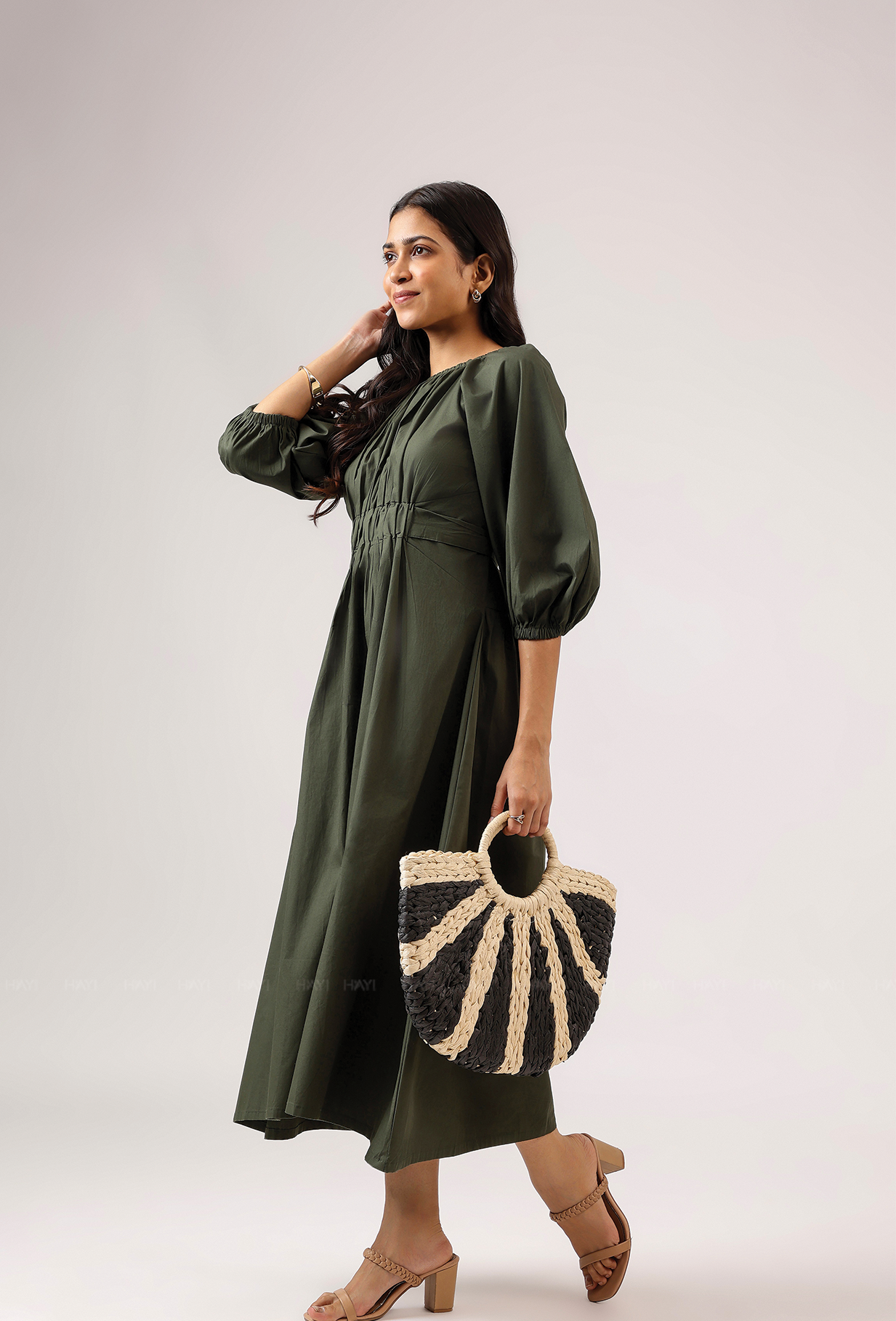 Zayra With Balloon Sleeve With Elastic Flared Dress