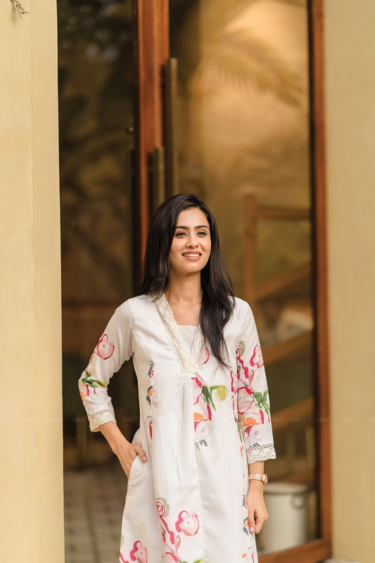 Pastel Floral Dream Half-White Linen Blend Co-ord with V-Neck & Lace