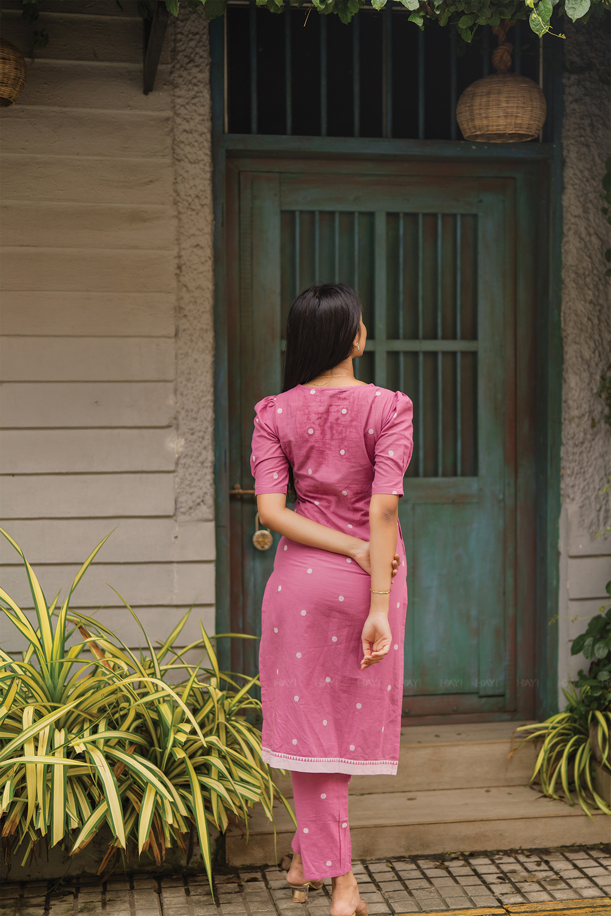 Celestia Dots Pink Handloom Cotton Co-ord with V-Neckline & Puff Elbow Sleeves