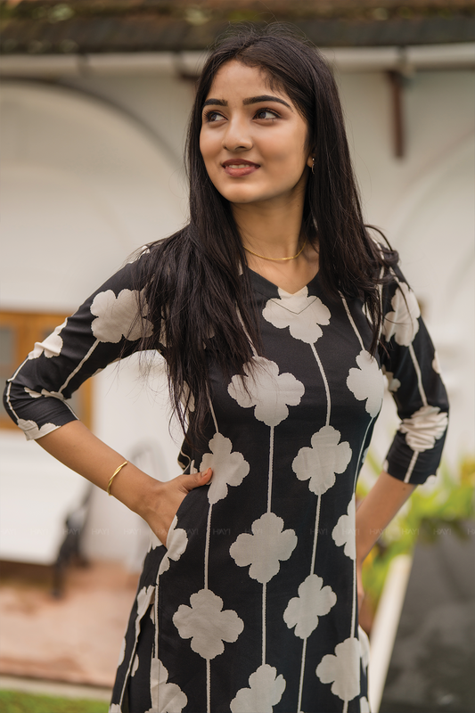 Blushstem Black Viscose Co-ord with V-Neck & Floral Print