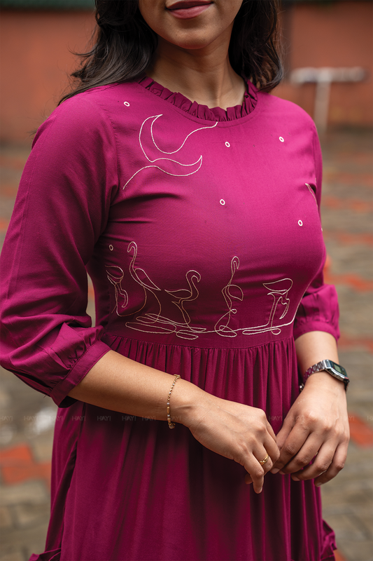 Moonlit Swans Violet Viscose Dress with Frill Neck & Embroidered Yoke