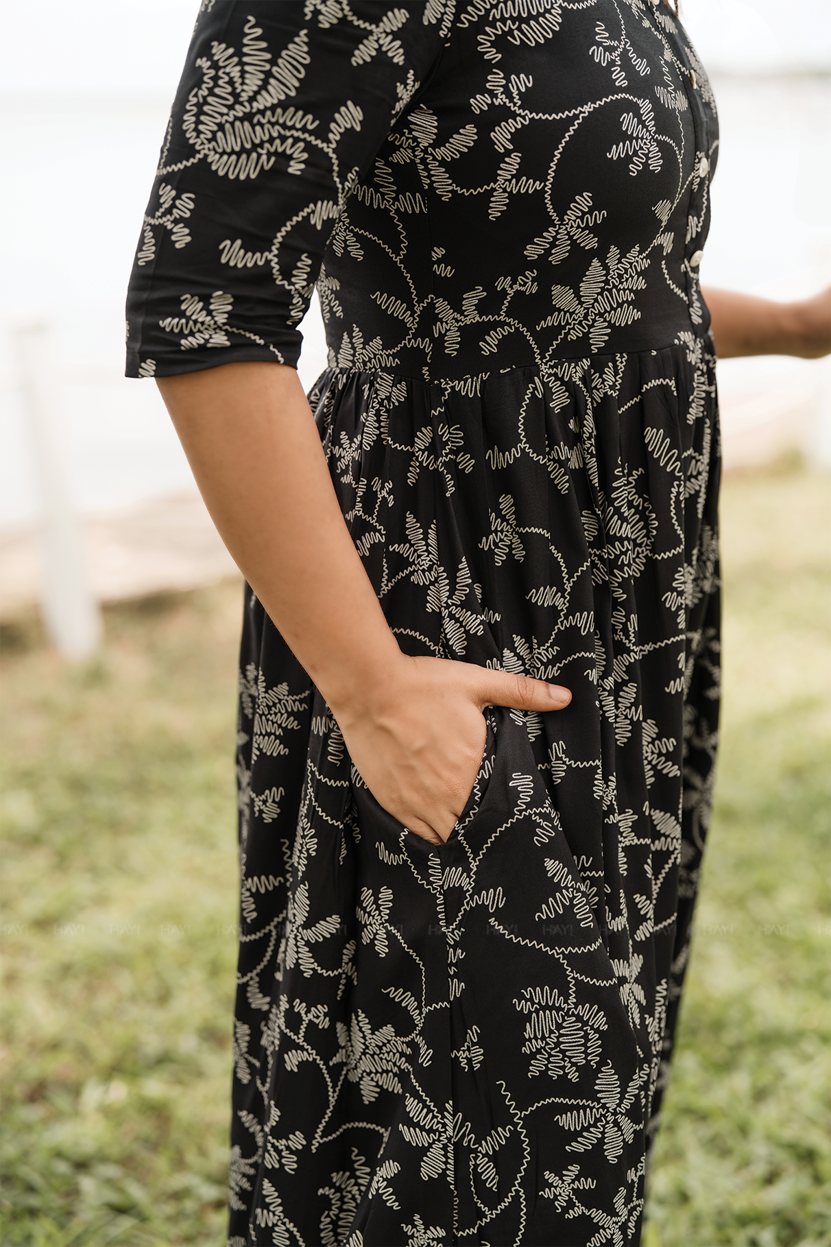 Regal Black with Molten Vines floral Printed Maternity and Feeding Viscose Dress