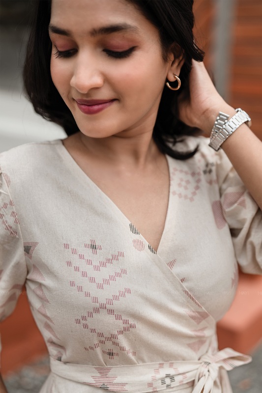 Puffy Poise Beige Cotton Blend Wrap Dress with V-Neckline & Puff Sleeves