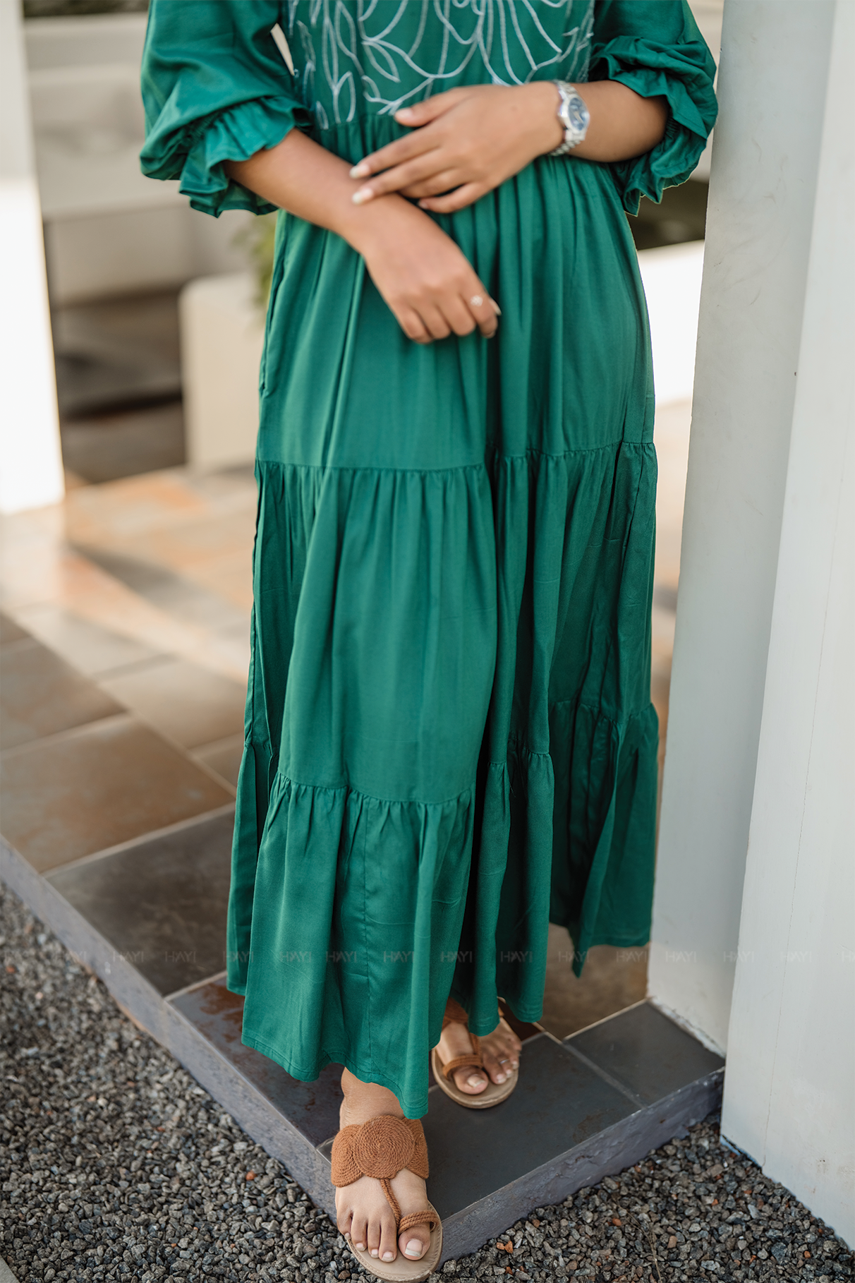 Green Floral Whimsy Green Viscose Dress with Shoulder Elastic & Embroidery