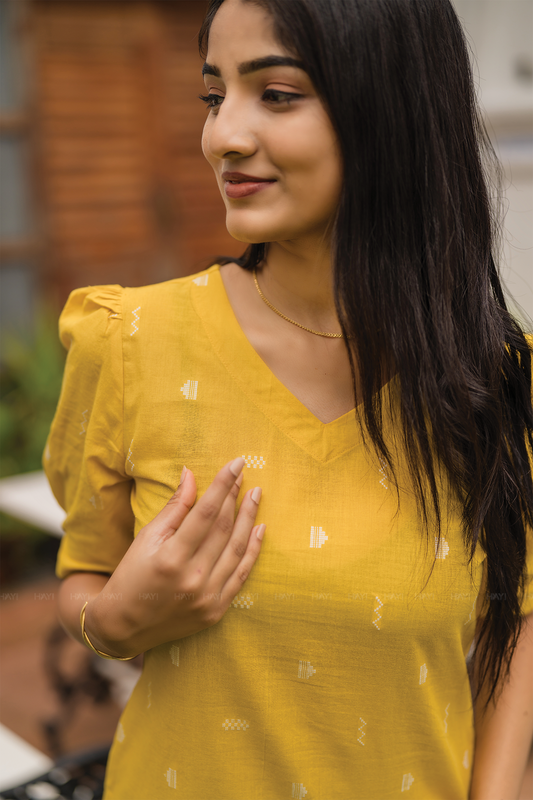 Sunfold Bloom Yellow Handloom Co-ord with V-Neckline & Leg-O-Mutton Sleeves