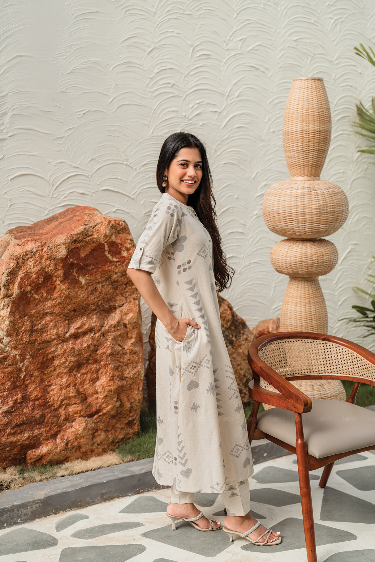 Desert Bloom Sandal Cotton Blend Co-ord with Chinese Collar