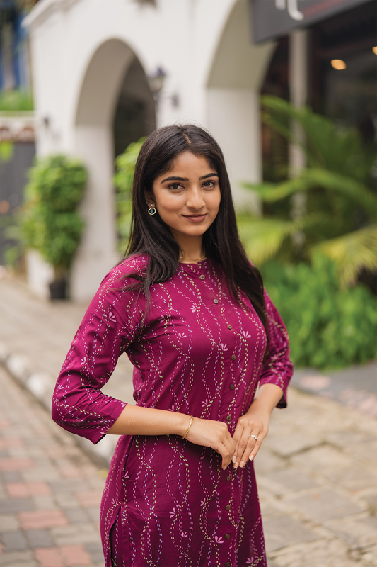 Euphoric oasis Wine Viscose Co-ord with Chinese Collar