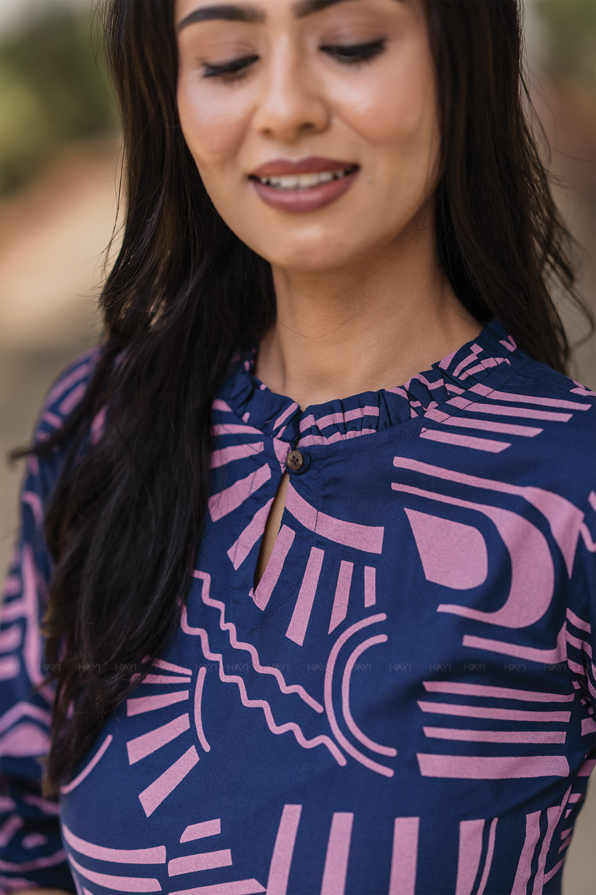 Geometric Whispers Blue Viscose Dress with Keyhole