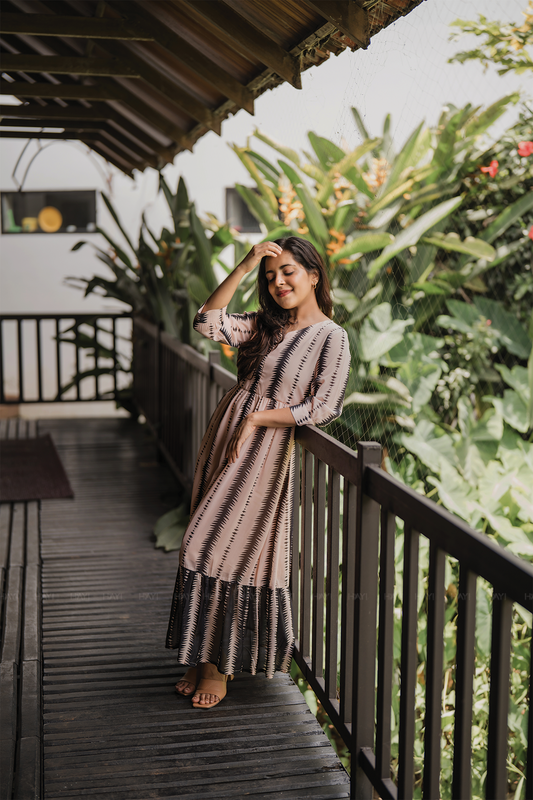 Fall Beige with Timeless Rhythm Printed Maternity and Feeding Lux Georgette Dress