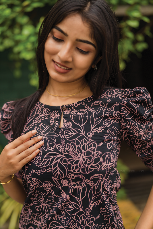 Starry Black with Midnight Bloom floral printed Viscose Kurta