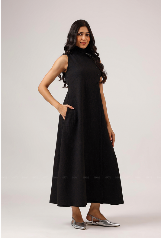 Blackout Babe High Neck With Side Buttons Flared Dress