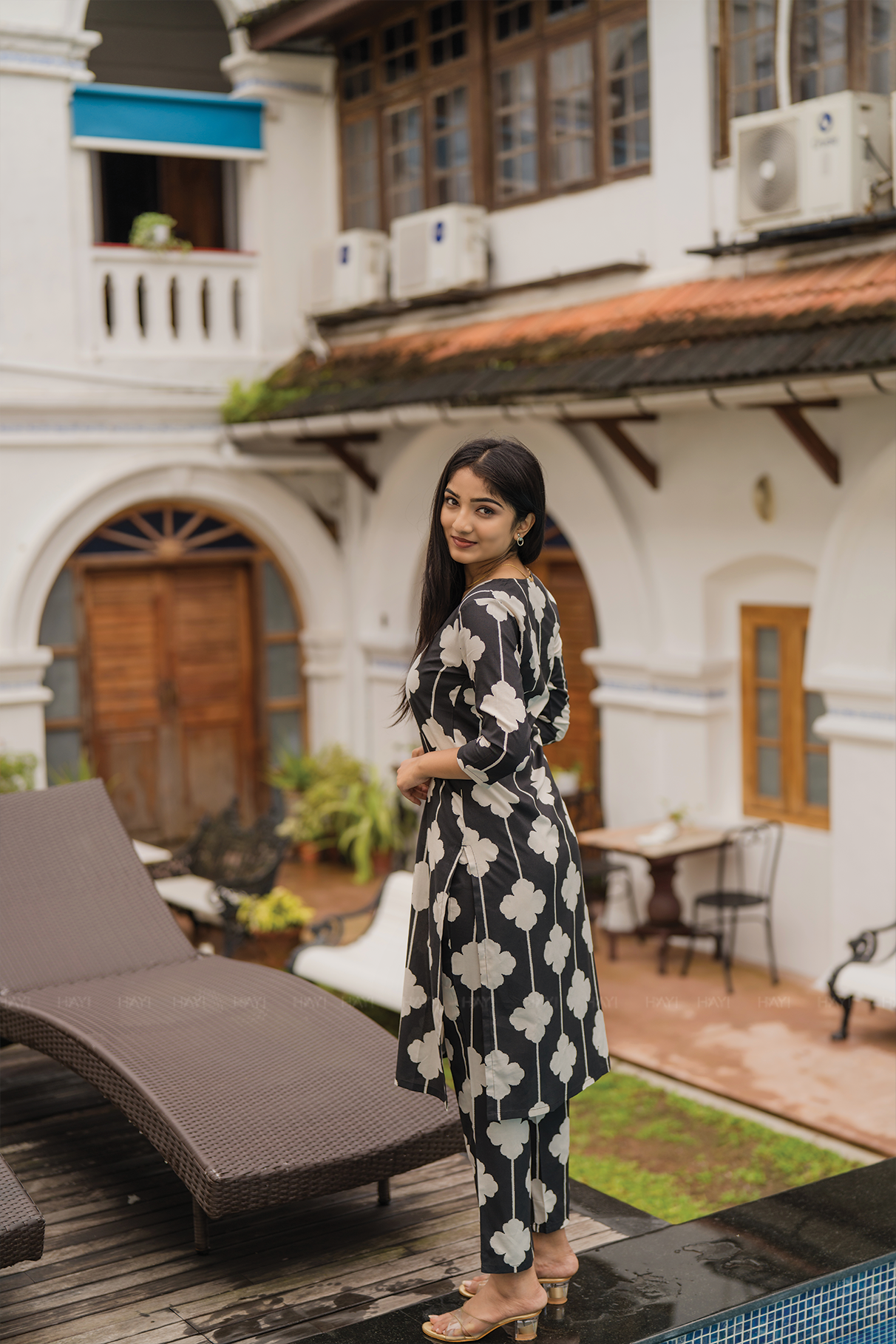 Blushstem Black Viscose Co-ord with V-Neck & Floral Print