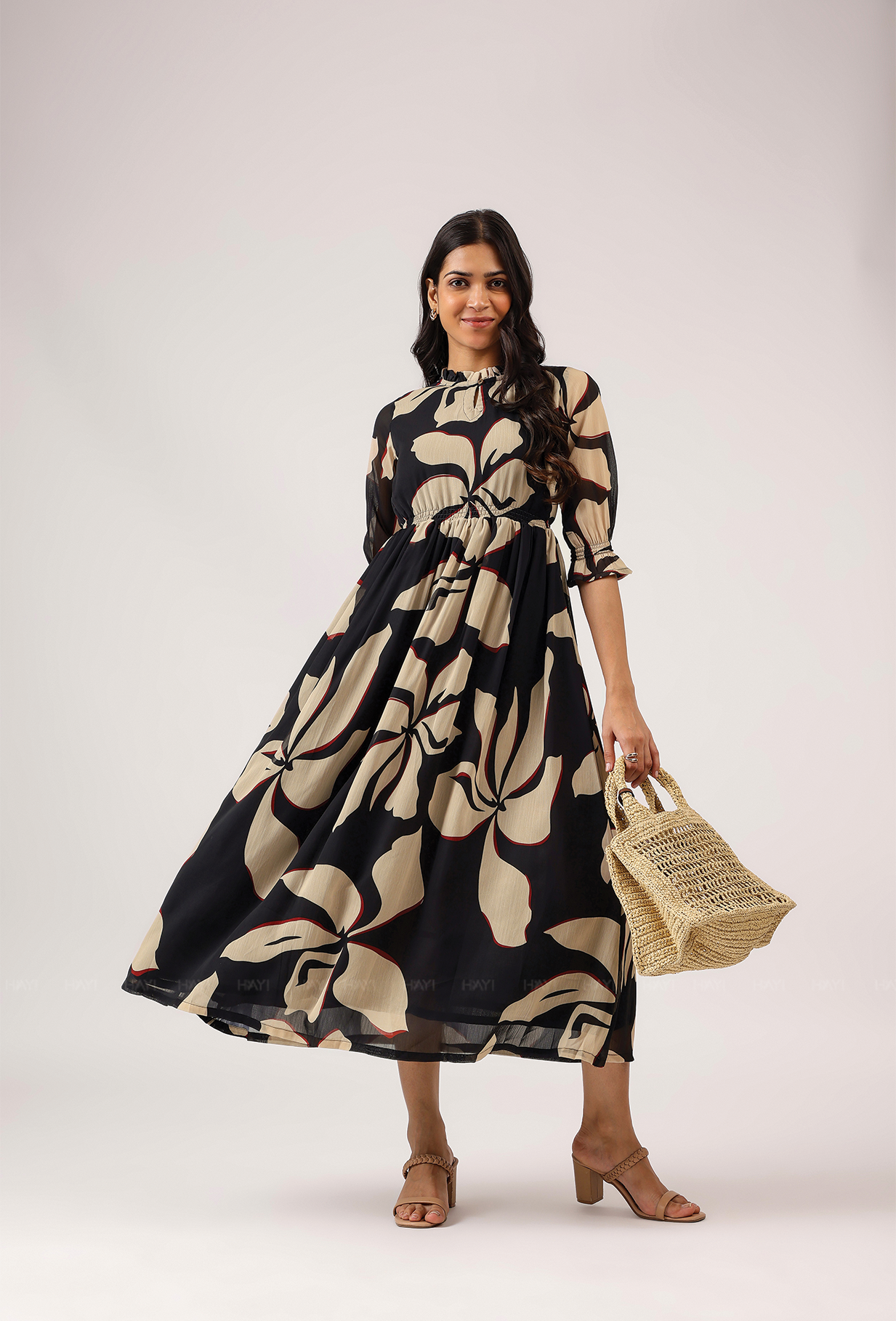 Spear Black with Charcoal Ink printed Lux Georgette dress