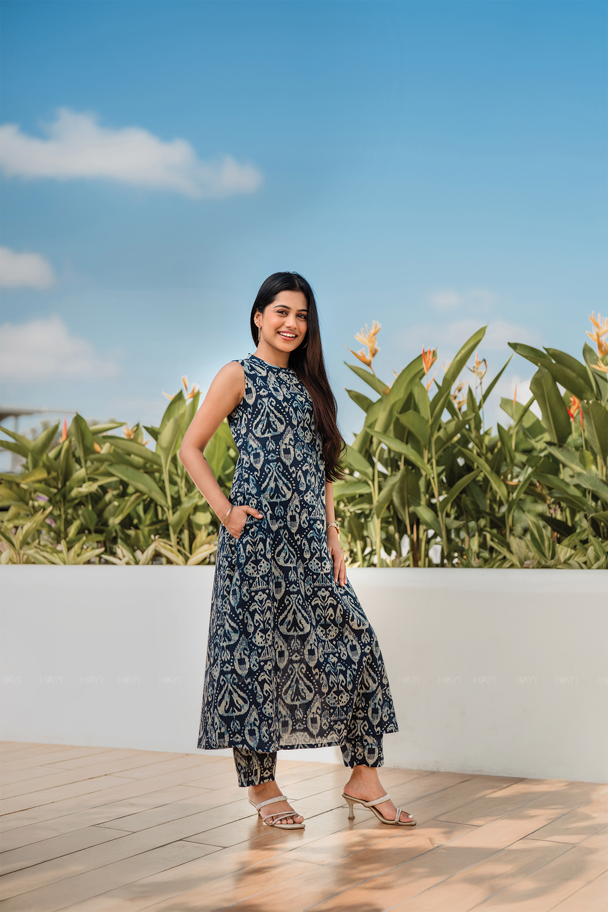 Rustic Royal Blue Cotton Co-ord with Close Neck