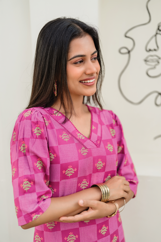 Pink Lattice Glam Viscose Co-ord with V-Neck & Lace