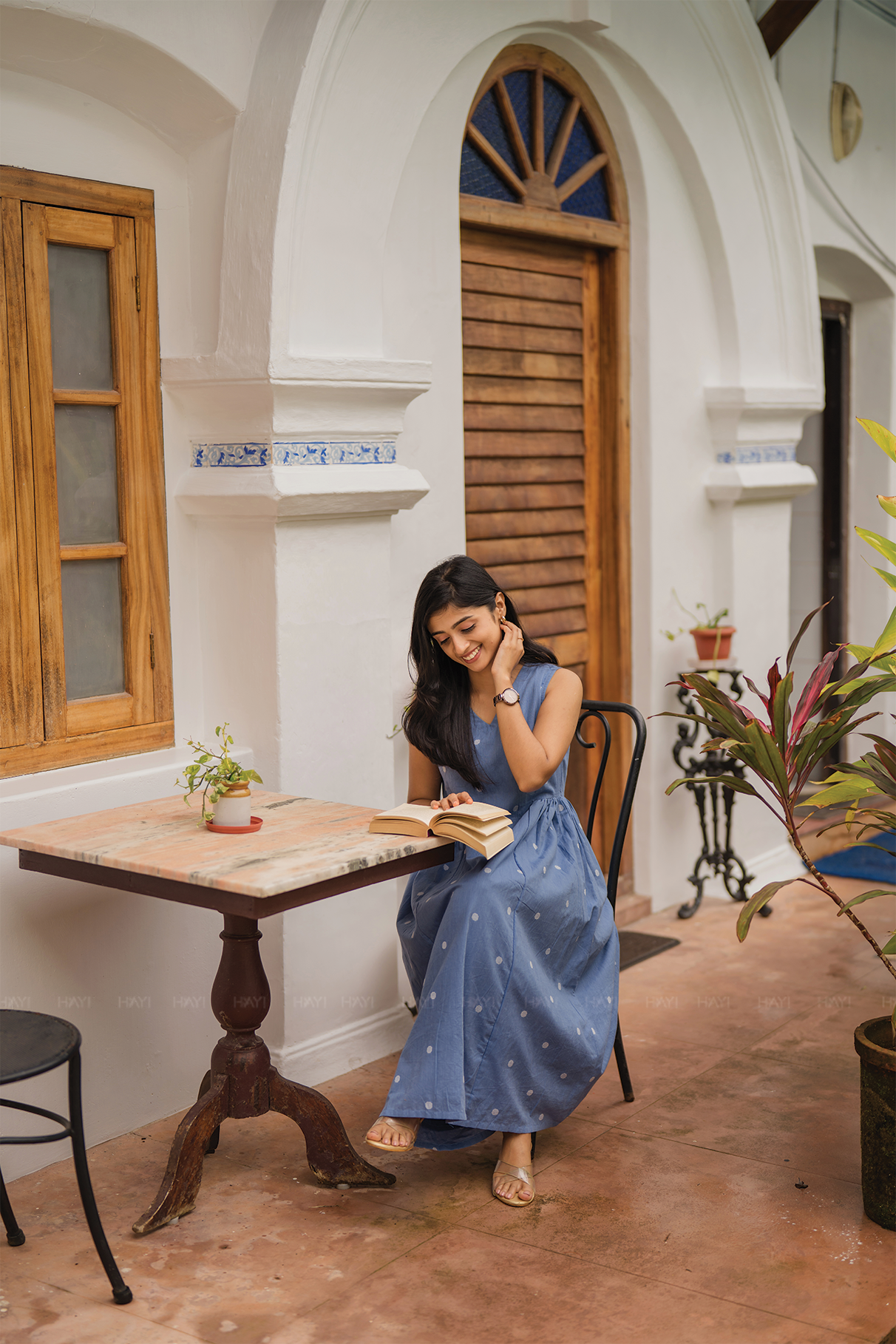 Ocean Polka Blue Handloom Cotton Dress With V Neckline Detached 3/4th Sleeves