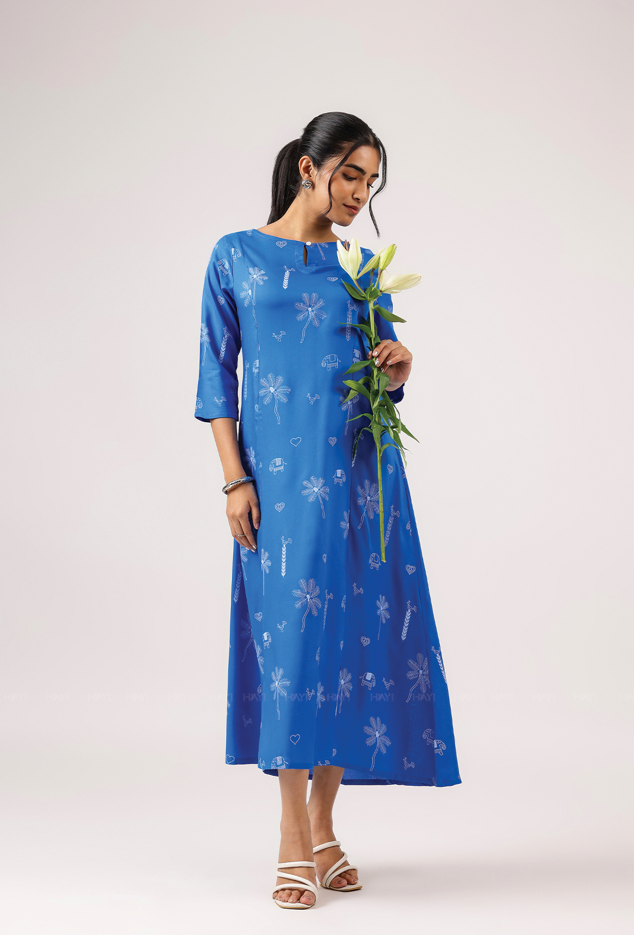 Cerulean Blue with Deep Ocean Viscose printed A-line Dress