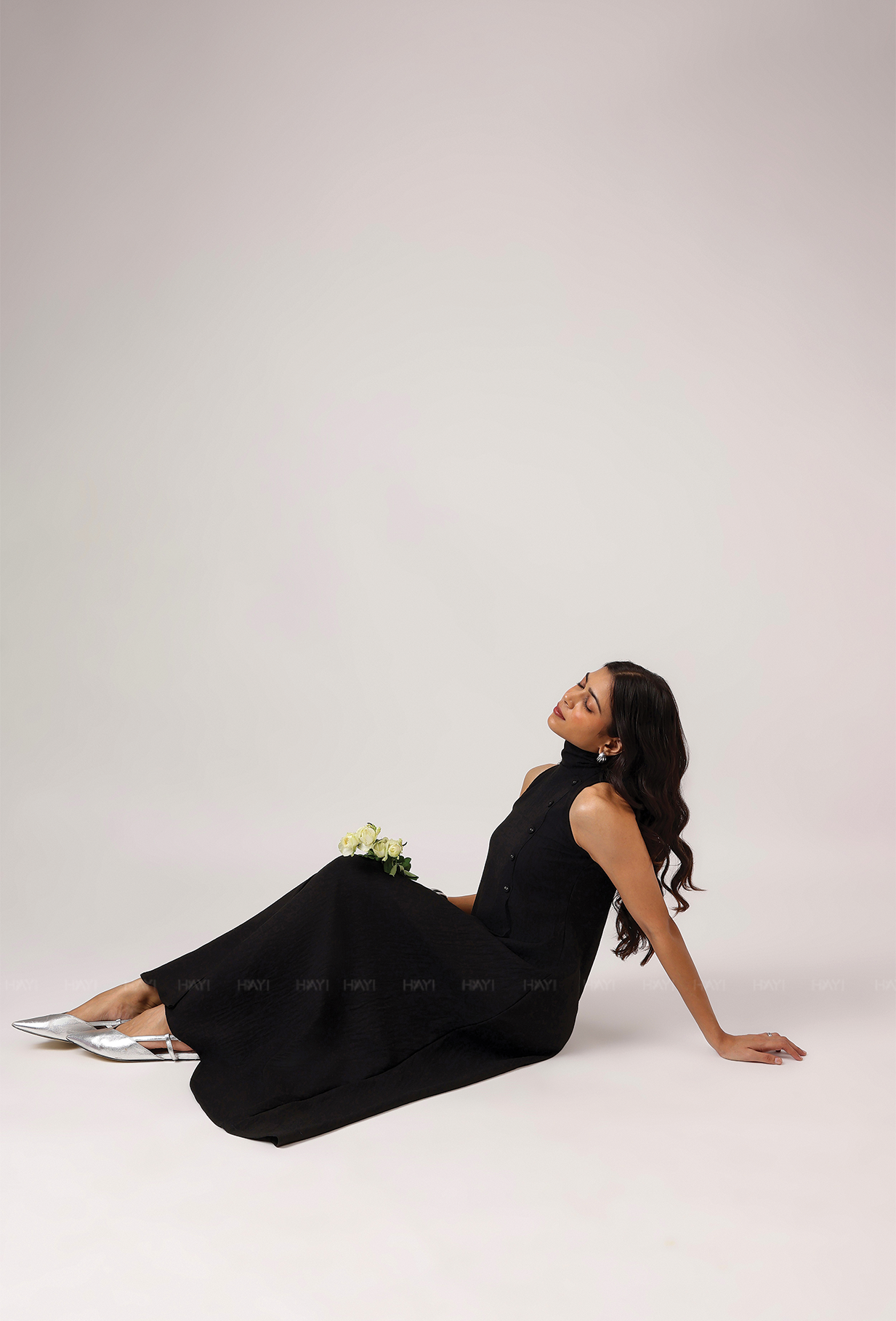 Blackout Babe High Neck With Side Buttons Flared Dress