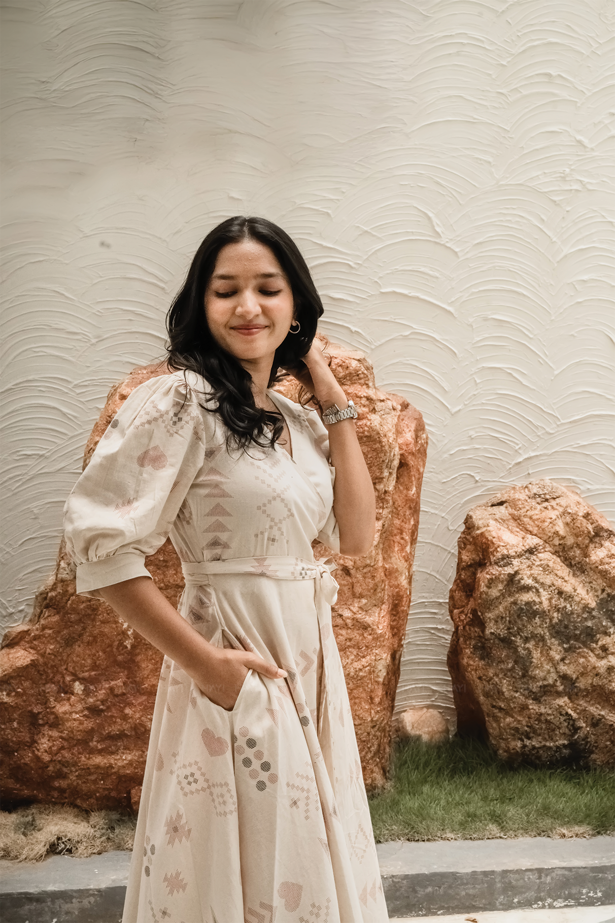 Puffy Poise Beige Cotton Blend Wrap Dress with V-Neckline & Puff Sleeves