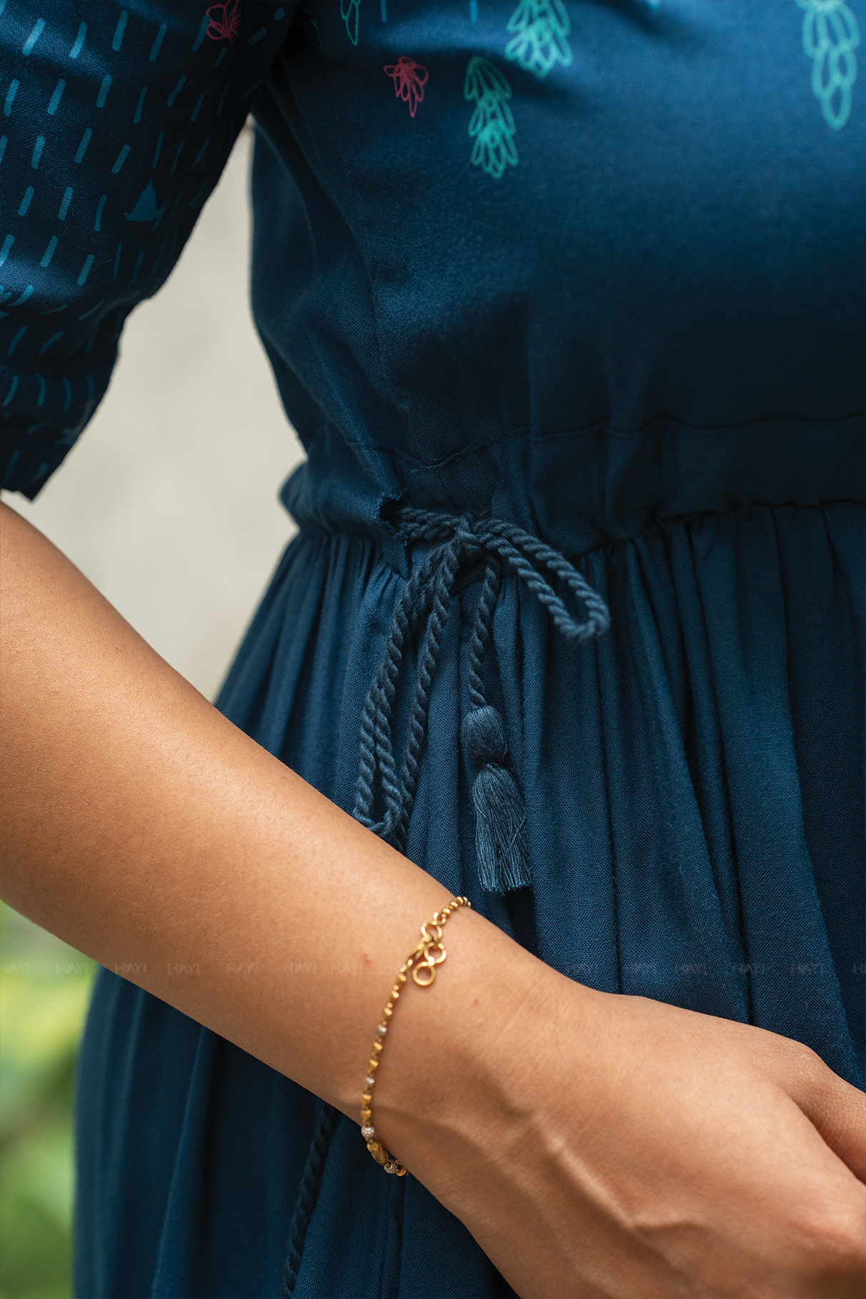 Blue Dessert Blue Viscose Dress with Round Neck & Placement Detail