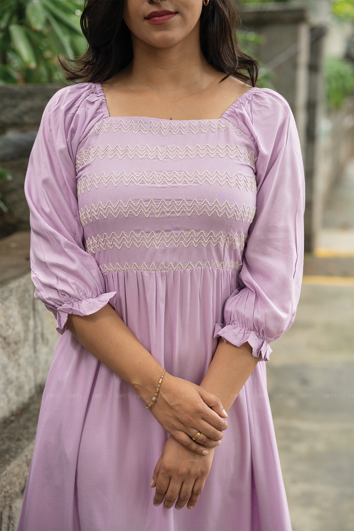 Lavender Fantasy Viscose Dress with Shoulder Elastic & Embroidery