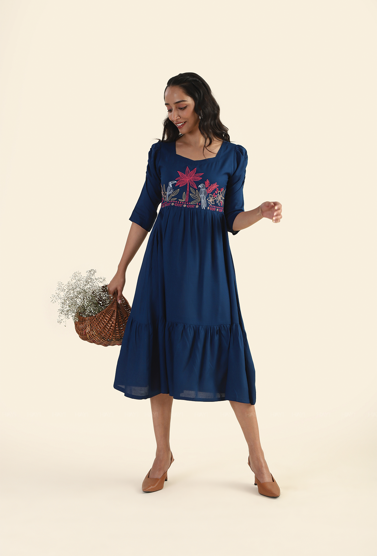 Charming Navy Whispering Toucan with Embroidery Dress