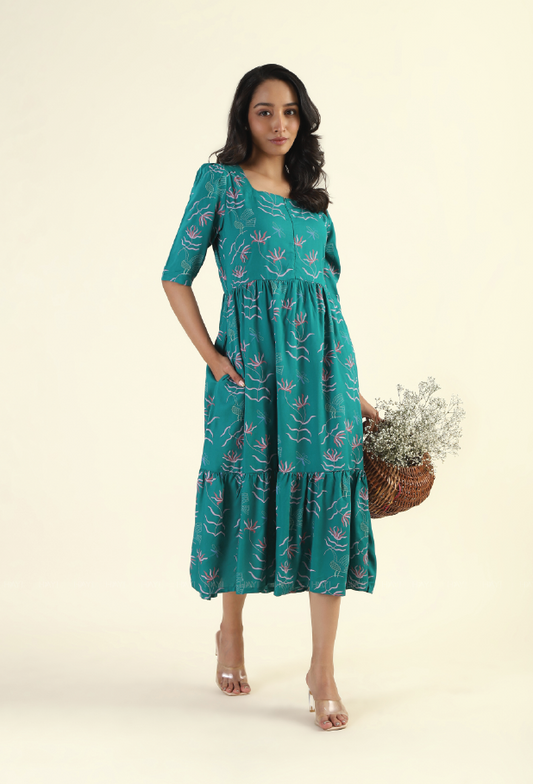 Green Harmony Teal Printed Maternity and feeding dress