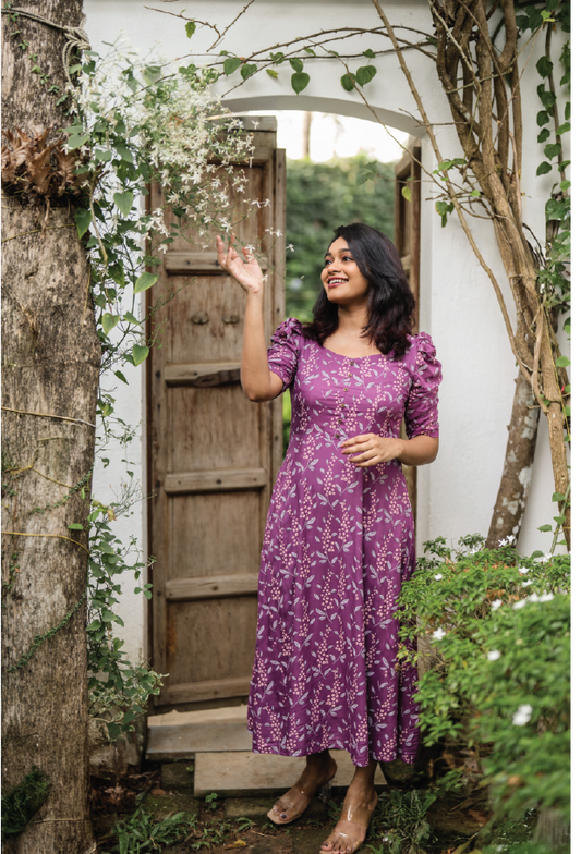 Deep Purple Cherry Plums Viscose Printed Dress