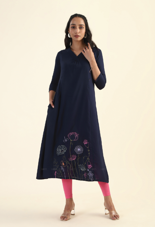 Navy Blue Enchanted Blooms with Embroidery Dress