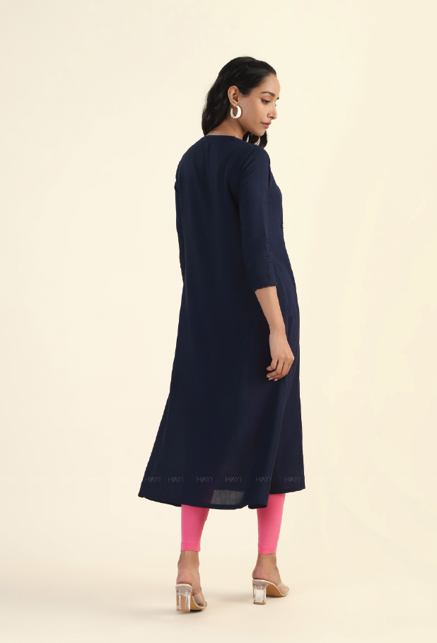 Navy Blue Enchanted Blooms with Embroidery Dress