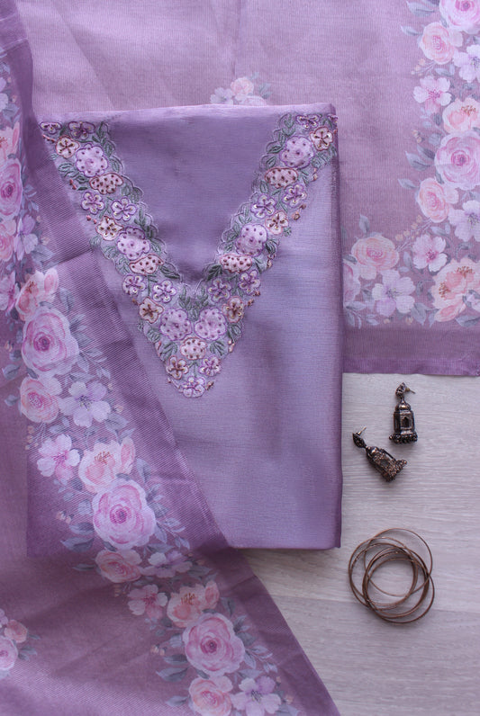 Divine Lilac Floral Handwork Unstitched Silver Browie Fabric