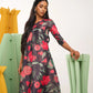 Tara Floral Printed Black Co-Ord set with Three-Quarter Sleeves