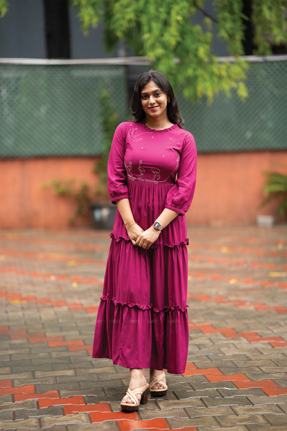 Moonlit Swans Violet Viscose Dress with Frill Neck & Embroidered Yoke